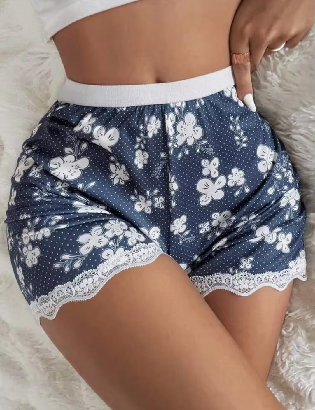 Women's Navy Blue Floral & Polka Dot Print Slip Shorts with Lace Hem